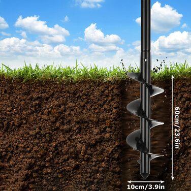Ручний бур для землі, 10 x 60 см, набір садових бурів, чорний бур, сталевий бур для акумуляторної дрелідини, для саду, посадки та глибокого розпушування ґрунту