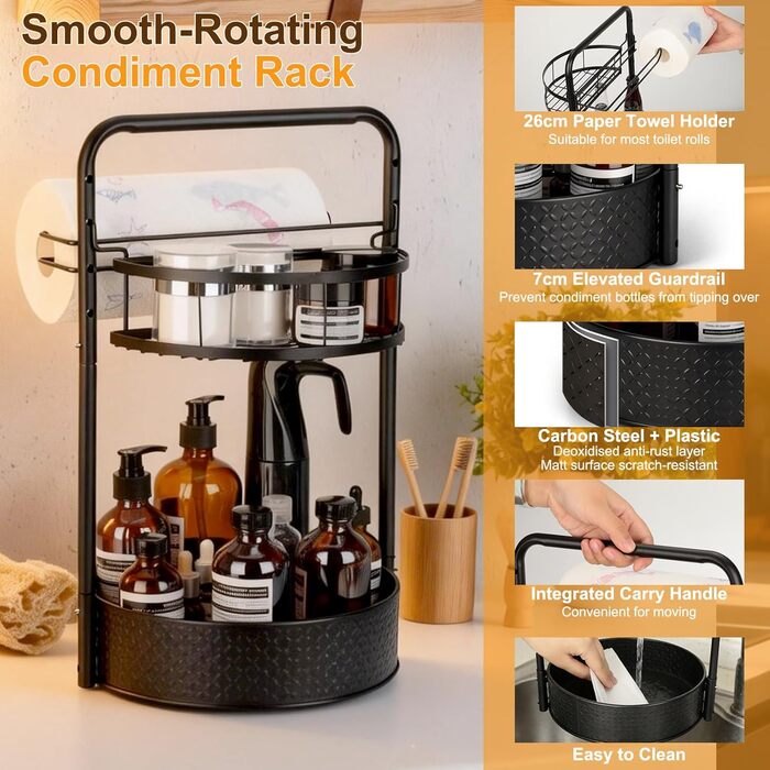 Обертова підставка для спецій Romon, 2-рівнева кухонна полиця з тримачем для паперових рушників, органайзер для спецій з кульковими підшипниками з нержавіючої сталі та протиковзкими ніжками, для кухонних шаф та стільниці, чорна