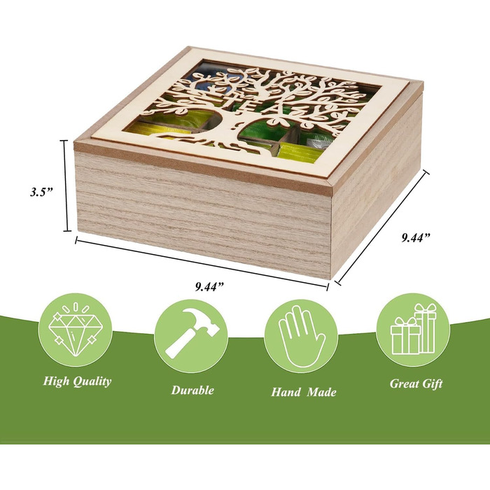 Чайна скринька, чайна скринька - дерев&39яна скринька для зберігання чаю, скринька для чайних пакетиків, чайний ящик для чайних пакетиків, цукру, кавових капсул, контейнер для зберігання з деревом життя та скляною кришкою для огляду, тримач для чайних пак