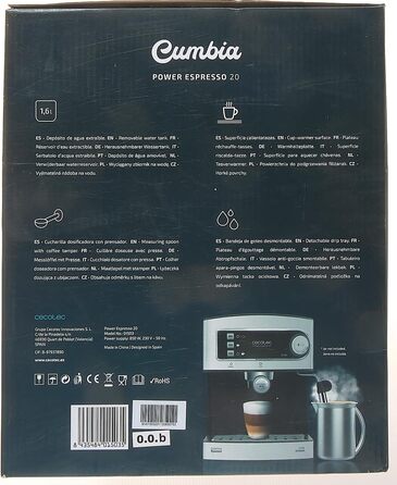 Еспресо-машина Cecotec Cumbia Power Espresso 20 Barista Aromax. Потужність 2900 Вт, 2 системи опалення, насос під тиском 20 бар, манометр, подвійний тримач фільтра на виході та 2 фільтри (базовий)