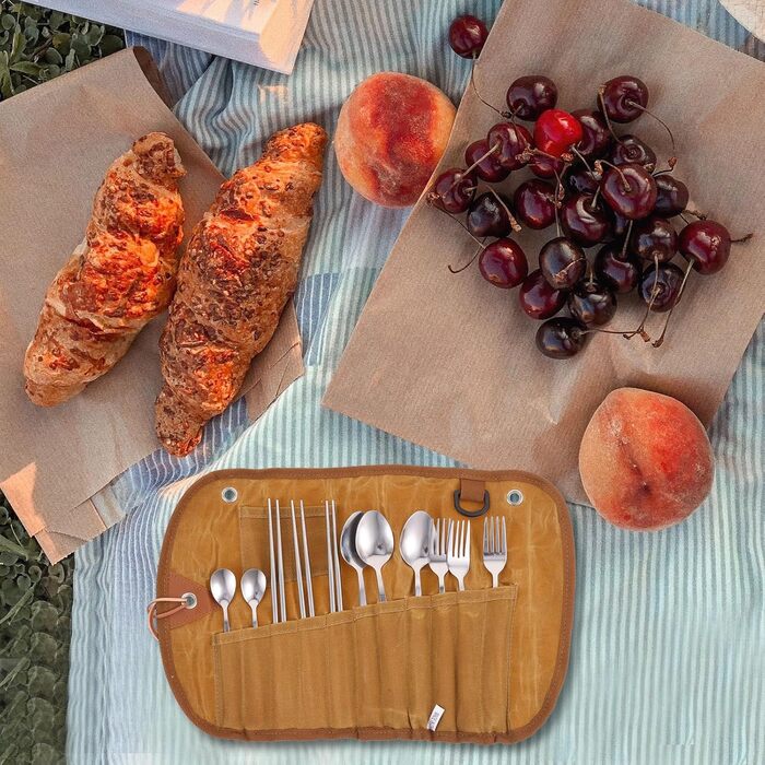 Набір посуду для кемпінгу Beavorty з рулоном столових приборів, портативні столові прибори з нержавіючої сталі для подорожей на відкритому повітрі з сумкою для зберігання, легкий посуд для пікніка для кемпінгу, походів та барбекю