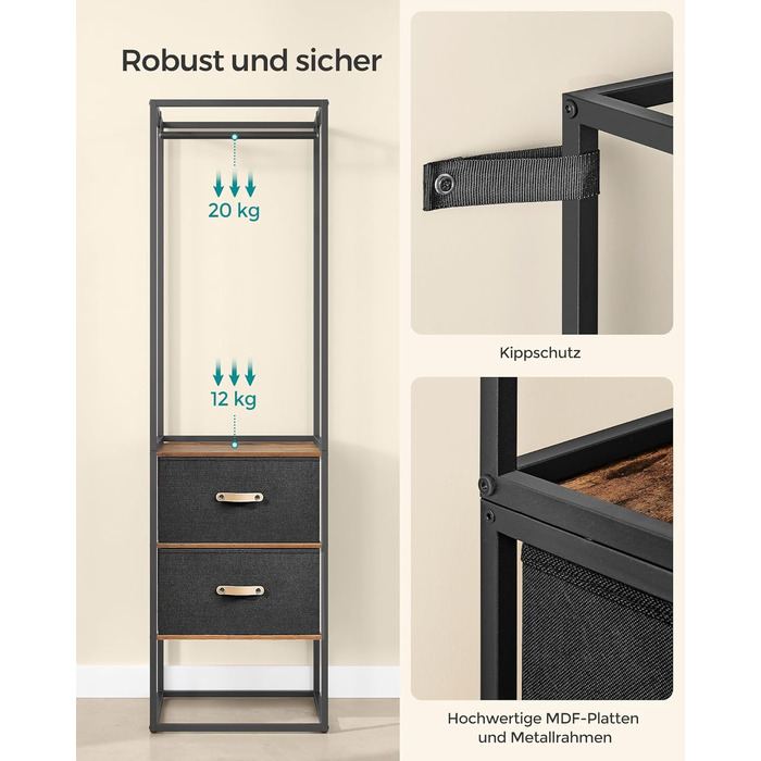 Вішалка для одягу SONGMICS, відкрита шафа, міцна вішалка для одягу, 1 висувна рейка, 2 шухляди, 4 полиці, для спальні, компактна, вінтажний коричневий RGR003B01