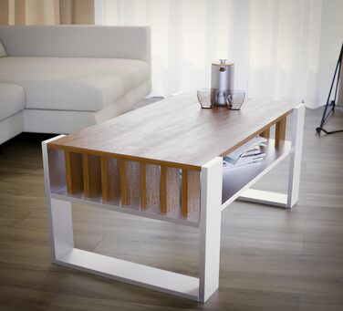 Журнальний столик для дивана Невеликий журнальний столик з білого дуба з місцем для зберігання Сучасний журнальний столик з рейками Журнальний столик Невеликий столик Журнальний столик 92 см Міцний журнальний столик, білий дуб