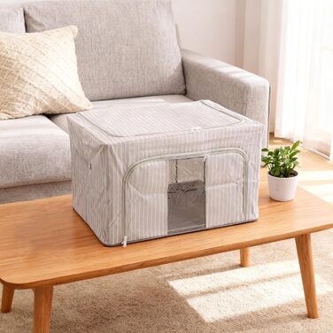 Складаний ящик для зберігання з вологостійкої тканини Оксфорд та сталевого каркасу, подвійною блискавкою зверху та прозорою передньою частиною для зручного зберігання та легкого доступу (66 л синього кольору, 66 л синього кольору в смужку)