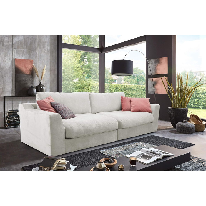 Великий диван Cavadore Fiona / Великий диван із подушками для спини у сучасному дизайні / 274x90x112 / Ткана тканина кремового кольору