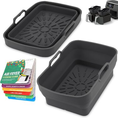 Силіконова фритюрниця Аксесуари, складні силіконові форми для Ninja Foodi AF400EU/SL400EU/Cookwise і всі 7.6-9.5 л фритюрниці Dual Zone з магнітною кулінарною книгою (чорна, 2 шт. )