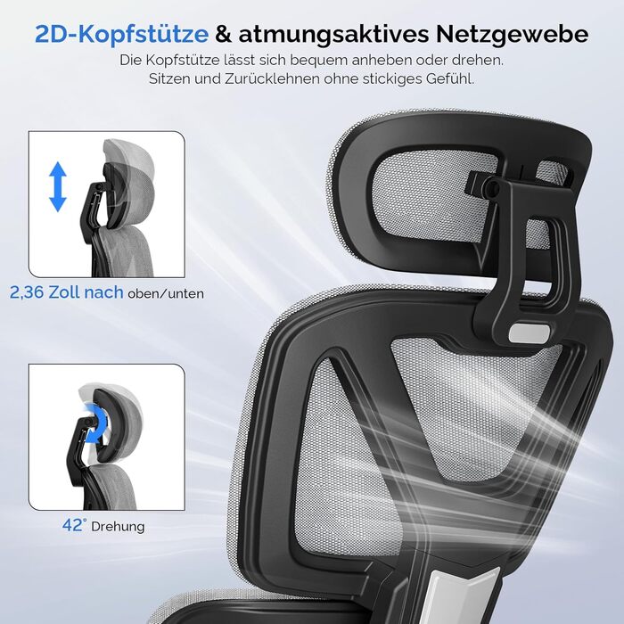 Ергономічне офісне крісло, стілець для роботи з підставкою для ніг, регульована спинка 90-120, поперекова підтримка, підлокітники з 4D PU, міцні металеві ніжки, надзвичайно широка подушка, темно-сірий колір, підходить для дорослих.