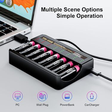 Акумулятори AA, 8 акумуляторів AA з 8 зарядними пристроями для швидкого заряджання, для Ni-MH батарей AA/AAA, 8 слотів для зарядки 8 AA