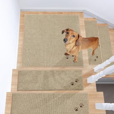 Килимок для сходів BEQHAUSE - Нековзні сходинки, Підходить для дерев&39яних сходинок, Можна прати в пральній машині, М&39який поліестер, Килимок для сходів, 76,2 x 76,2 см, Бежевий 76 x 76 см (Квадратний) Бежевий - Відбиток собачої лапи 1