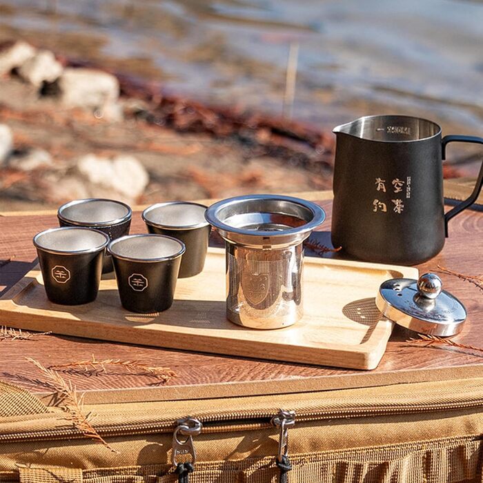 Набір для чаю в дорозі з сумкою для зберігання - Портативний нержавіючий чайник для кемпінгу, витримує високі температури, об'єм 4 чашки, ідеально підходить для пікніків та грилю