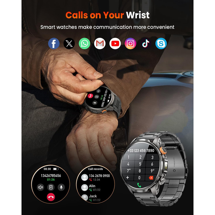 Чоловічий військовий смарт-годинник з акумулятором 1000 мАг, 1,91-дюймовим AMOLED-дисплеєм, світлодіодним ліхтариком/водонепроникним фітнес-годинником до 5 атм з функцією телефону, понад 110 спортивних режимів/пульсометром/монітором сну/SpO2, сумісним з i