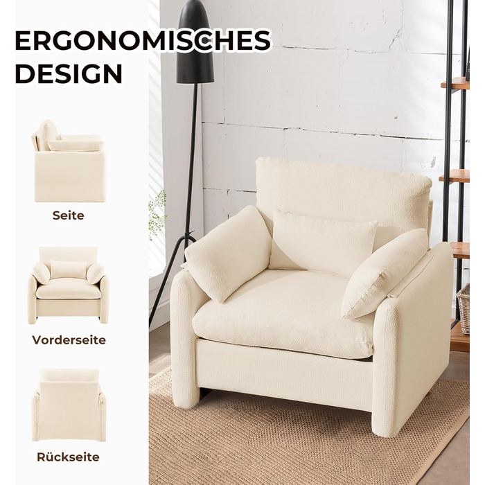 Надзвичайно велике крісло з відкидною спинкою для вітальні, м&39яке крісло для телевізора 93,5 см, одномісний диван зі знімним підлокітником та декоративною подушкою, одномісний диван/крісло для читання для вітальні/спальні, бежевий одномісний диван