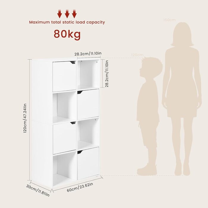 Книжкова полиця для кабінету, спальні та вітальні, книжкова шафа з 4 дверцятами та 8 відділеннями, полиця для зберігання, окремостояча полиця, офісна полиця, полиця для файлів, полиця для папок, 60 x 30 x 120 см