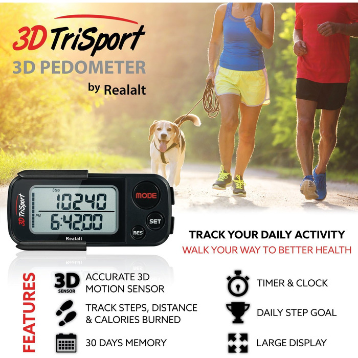 Крокомір Realalt 3DTriSport 3D із затискачем та ремінцем, в комплекті електронна книга 30-денна пам&39ять, точний крокомір, відстань ходьби в милях/км, лічильник калорій, щоденне відстеження часу тренувань (чорний)