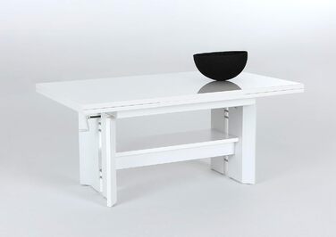 Функціональний журнальний столик Dario, глянцеве біле лакування, розсувний 110-180 см, регульована висота 50-60 см, полиця, ручний механізм