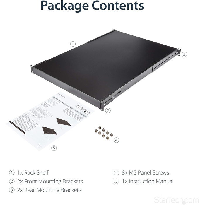 Регульована полиця для серверної стійки StarTech.com 1U - 150 кг - від 49,5 до 97,4 см, регульована глибина встановлення - універсальна полиця для 19-дюймових AV/мережевих/серверних шаф - глибина 70 см (ADJSHELFHD)