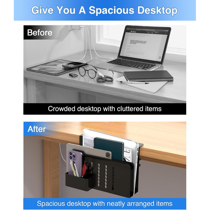 Підставка для ноутбука та планшета на стіл, бічна полиця для зберігання, двоярусна з тримачем для ручок (чорна)