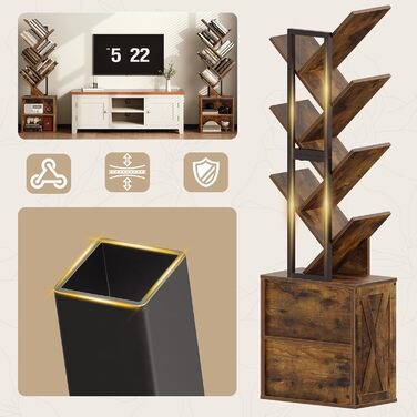 Книжкова полиця у формі дерева, 9-ярусна окремостояча полиця, стійка для CD/DVD, дерев&39яний каркас з металевим каркасом, кутова полиця, що економить місце, окремостояча книжкова вежа для вітальні, спальні, офісу, бібліотеки, вінтажний коричневий колір