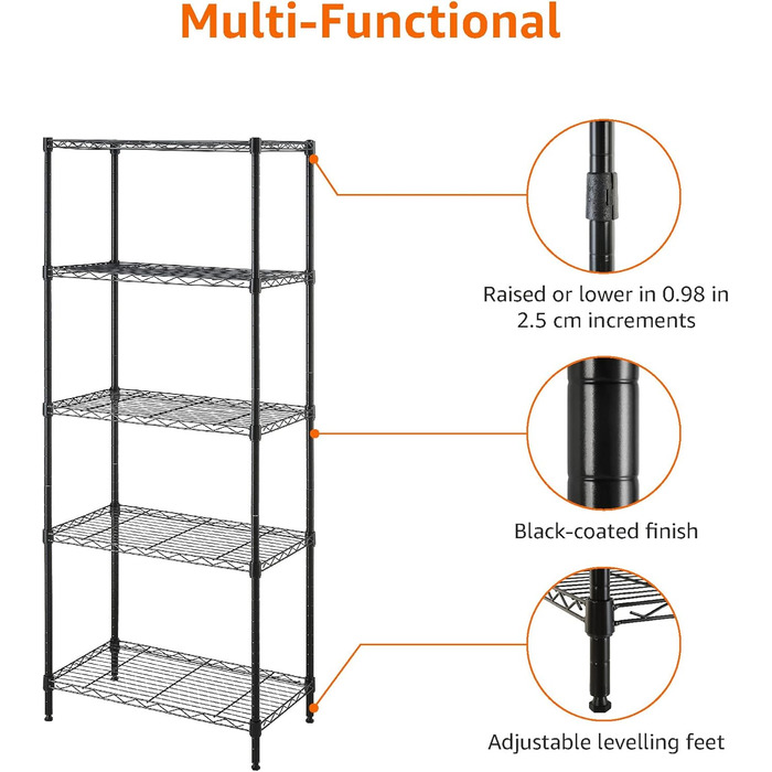 Вузька шафа для зберігання Storeo Basics з 5 полицями, регульованими по висоті полицями та ніжками, чорна, 60,1 x 35,6 x 152,4 см, без коліс Чорна 5 полиць 60,1 x 35,6 x 152,4 см Без коліс