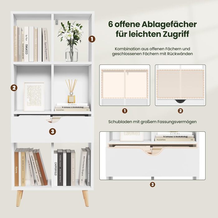 Книжкова полиця EUGAD, книжкова шафа, перегородка для кімнати, полиця для файлів, полиця для зберігання, окремостояча полиця з шухлядою та ніжками, виготовлена з МДФ, 6 полиць, біла, 50x1224 см