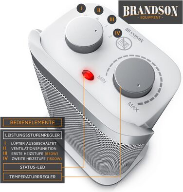 Енергозберігаючий, тихий вентилятор-обігрівач - 1500 Вт - 2 рівні потужності - Вентилятор-обігрівач для ванної кімнати - Плавне регулювання температури - Керамічний нагрівальний елемент - Термічний запобіжник - Нагрівач D Сріблястий / Білий