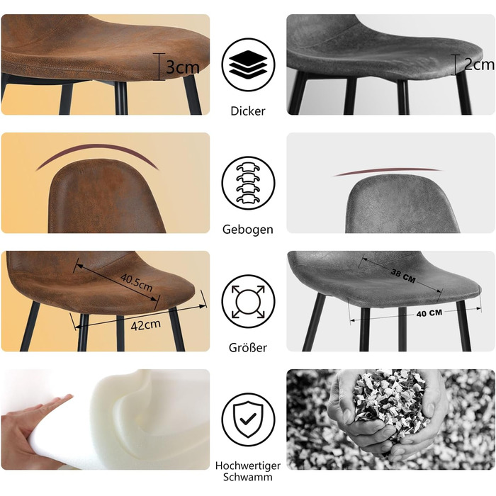 Обідні стільці MEUBLE COSY, комплект з 4 шт. , вінтажні кухонні стільці, м&39які стільці для вітальні, ретро-крісло зі спинкою, замшеве сидіння, металеві ніжки, коричневий колір