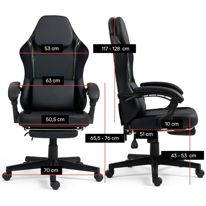 Чорно-зелене ігрове крісло - з підставкою для ніг - ергономічне - з регульованою висотою