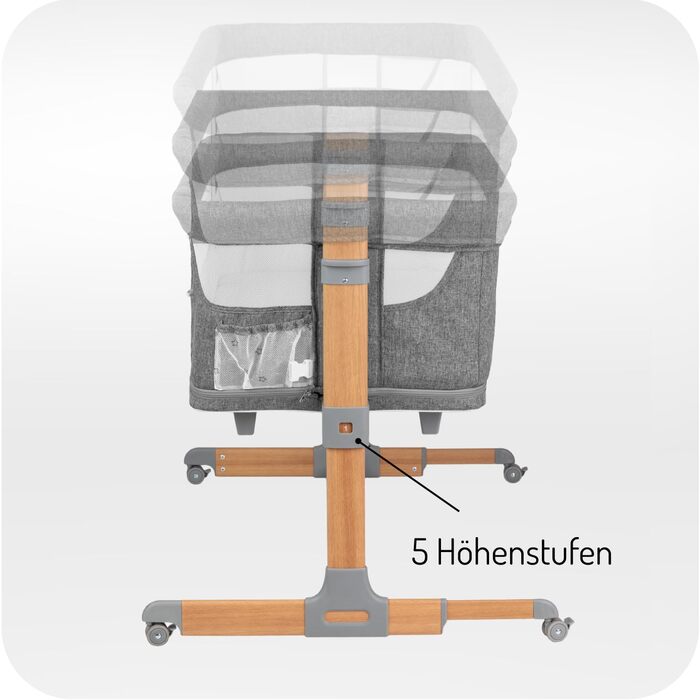 Дитяче ліжечко Momi SMART Bed 4-в-1 до 15 кг, приліжкове ліжечко для немовлят з матрацом, регульована висота, сірого кольору, одномісне