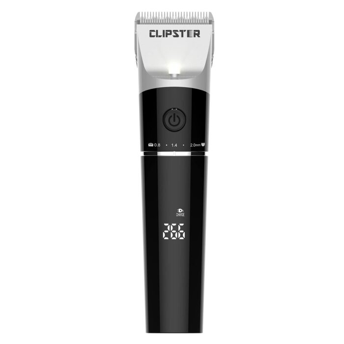 Машинка для стрижки тварин Clipster DeloX, професійна, з 4 насадками, чорна, для детального догляду, Li-Ion акумулятор, ширина леза 38 мм, час роботи 300 хв, з LED-підсвічуванням