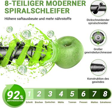 Соковижималка з великим заливним жолобом для цілих фруктів і овочів - Міцна соковижималка для замішування з нержавіючої сталі Green 150W