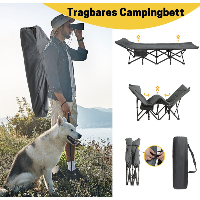 Розкладне кемпінгове ліжко, розкладне гостьове ліжко до 200 кг для використання в приміщенні, на вулиці, на пляжі та в саду (сіре)