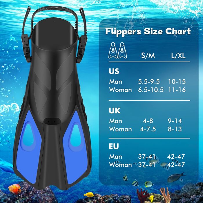 Комплект для дорослого підводного плавання з ластами, маска для дайвінгу на все обличчя, захист від запотівання, поле зору 180 та кріплення для камери, регульовані ласти з чохлом, для підводного плавання та дайвінгу, синій, розмір S/M