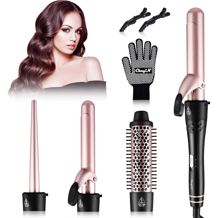 Набір плойок CkeyiN 4 в 1 з різними насадками 9-38 мм, керамічна плойка з щіткою для завивки, великі та малі локони, настінна плой
