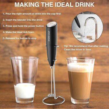 Піноутворювач для молока POWSAF, електричний піноутворювач для молока з підставкою, паличка для піноутворення молока, 13000 об/хв,