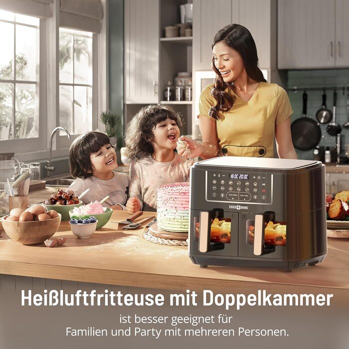 Фритюрниця PARIS RHNE 9.5 л, фритюрниця XXL двокамерна з оглядовим вікном, фритюрниця 12-в-1, смаження гарячим повітрям без олії, безпечна посудомийна машина, аерофритюрниця енергозберігаюча 9.5 л чорна