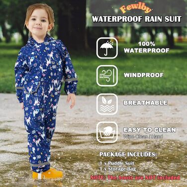 Дощовик Fewlby для дівчаток, водонепроникна куртка, цільний плащ з капюшоном, багаторазові штани для бруду, синій єдиноріг, вік 2-5 років