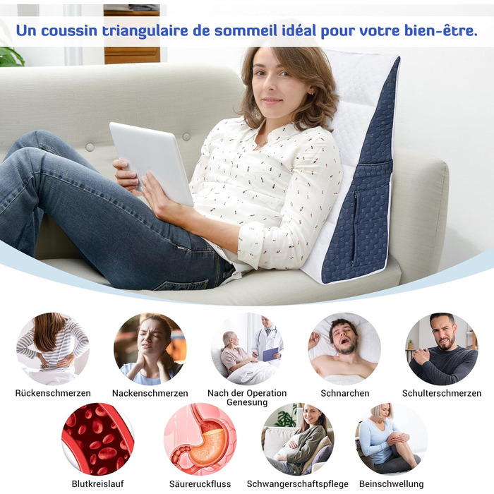 Універсальна клиноподібна подушка INFANZIA для ліжка та дивана - подушка для читання з піни з ефектом пам&39яті - ергономічна клиноподібна подушка для ліжка від рефлюксного апное сну, ідеальна подушка для спини для підтримки спини під час гри (білий/синій