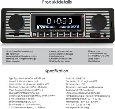 Автомобільна радіостанція iFreGo з Bluetooth гучний зв'язок, 1 DIN Bluetooth радіо з USB-портом/AUX/TF/MP3-плеєром, FM-автомагнітола з бездротовим пультом дистанційного керування, дисплей часу, 60WX4