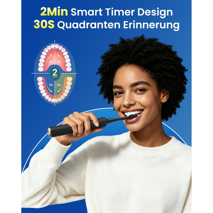 Електрична звукова зубна щітка для дорослих та дітей, 5 режимів чищення з 3 рівнями інтенсивності, 8 змінних насадок та дорожній футляр, акумуляторна зубна щітка (, в упаковці) Чорна