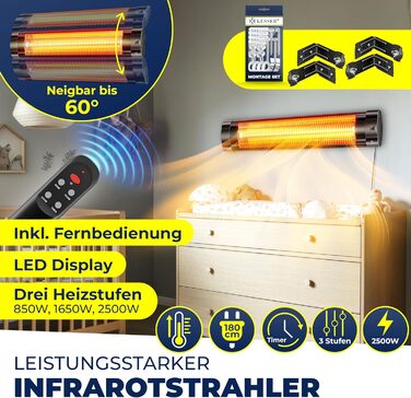 Інфрачервоний обігрівач KESSER потужністю 2500 Вт з пультом дистанційного керування, 3 режими нагріву, миттєвий нагрів, настінне кріплення, обігрівач для патіо, кварцовий обігрівач, обігрівач для патіо, захисний чохол, таймер - чорний