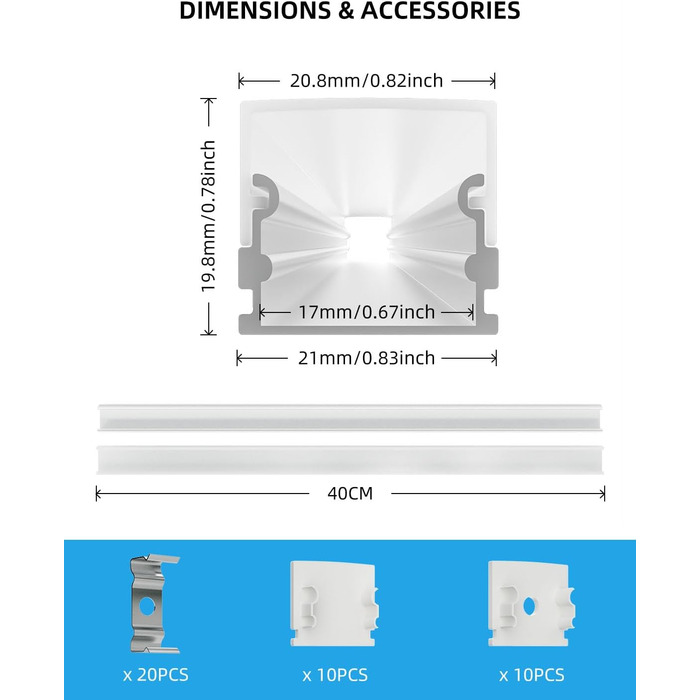 Світлодіодний профіль CUQI, світлодіодний алюмінієвий профіль 10 x 40 см з кришкою ПК молочного кольору, торцевими кришками та монтажним кронштейном для світлодіодних стрічок шириною 17 мм (10 ПАКЕТІВ)
