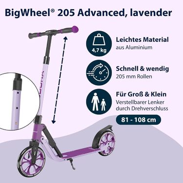 Самокат HUDORA BigWheel 205 Advanced - Комфортний алюмінієвий самокат до 100 кг - Регульований по висоті та складаний самокат - Са
