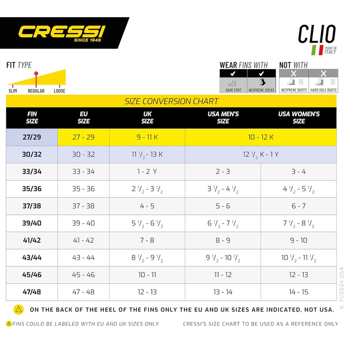 Ласти для дайвінгу Cressi Clio легкі ласти для плавання для дітей та дорослих з еластичного матеріалу, ергономічного дизайну та ефективної тяги для водних видів спорту 27/29 жовтого кольору