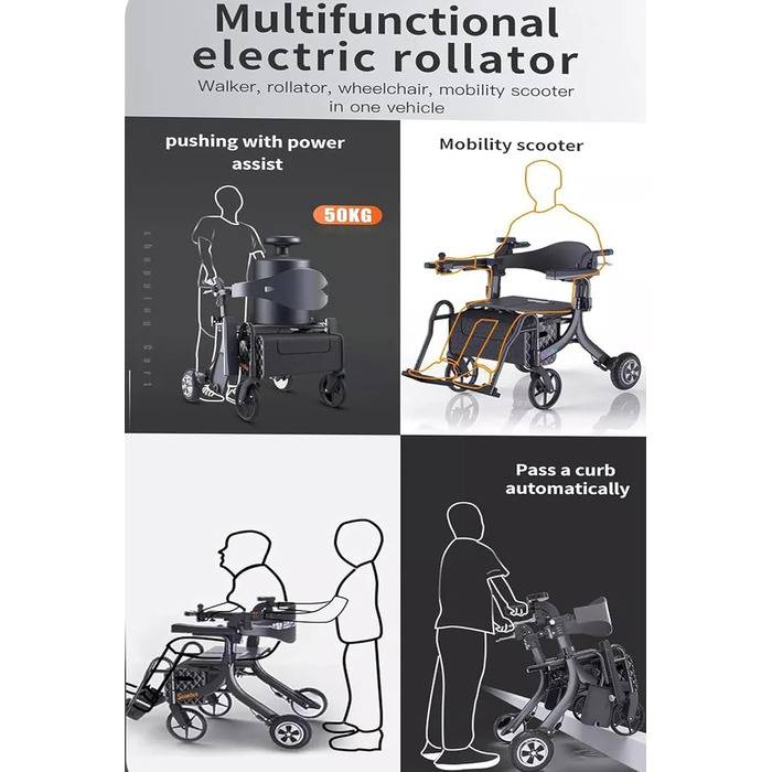 Електричний ходунки з електроприводом, ходунки на колесах з сидінням 3 в 1 багатофункціональний допоміжний засіб для ходьби для перевезення людей похилого віку, складний електричний інвалідний візок, легкий акумуляторний візок