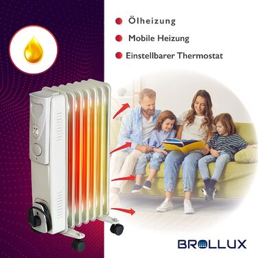 Електричний масляний обігрівач Brollux 1500 Вт, масляний радіатор, електричний обігрівач 7 ребер, портативний електричний нагрівальний елемент, нагрівальний пристрій, термостат, масляний обігрівач