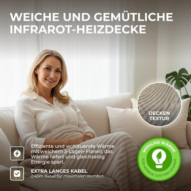 Інфрачервона ковдра BR Bringer з підігрівом - Електрична флісова ковдра з автоматичним вимкненням та захистом від перегріву - 6 налаштувань нагріву, таймер до 10 годин, кабель 2,45 м, можна прати в пральній машині, OEKO-TEX (200x180 см, Nordic Taupe) Nord