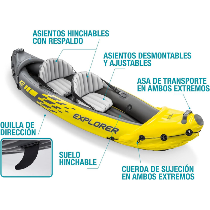 Надувний каяк Intex Explorer K2, комплект для 2 осіб з алюмінієвими веслами та потужним повітряним насосом, 2 особи, одноколірний