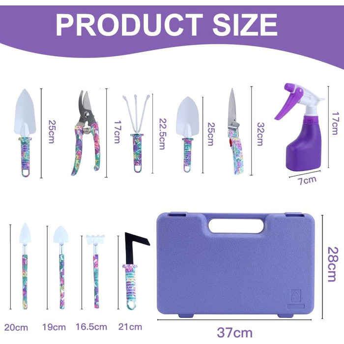 Набір садових інструментів 10 шт., з нержавіючої сталі, міцні та довговічні, з кейсом для зберігання. Ідеально підходить для посадки, обрізки та догляду за садом. Чудовий подарунок для садівника (фіолетовий)