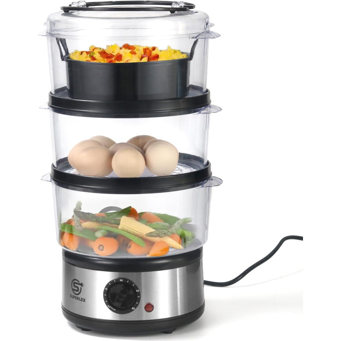Електрична парогенератор SUPERLEX 7,5 л з 3 контейнерами для пароварки та кришкою Можна мити в посудомийній машині, таймер з паровим двигуном на 60 хвилин, автоматичне вимкнення, без бісфенолу А