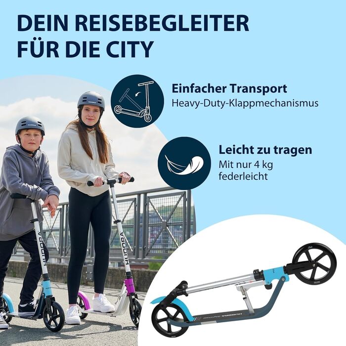 Самокат HUDORA BigWheel Pure стабільний алюмінієвий міський самокат із підніжкою, складаний, з регулюванням висоти, до 100 кг, для підлітків та дорослих, синій